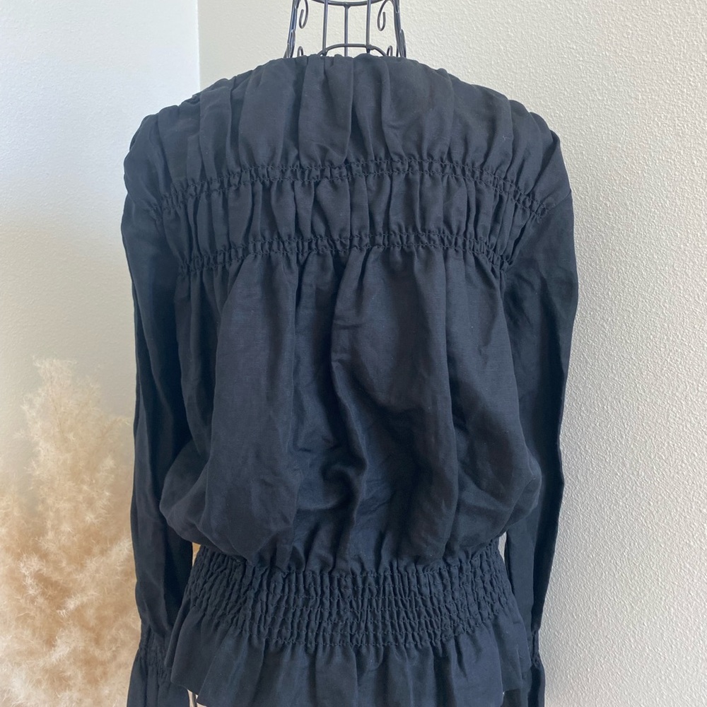 SOLD FRAME Smocked Zip Front Black Linen Jacket - Picture 4 of 9